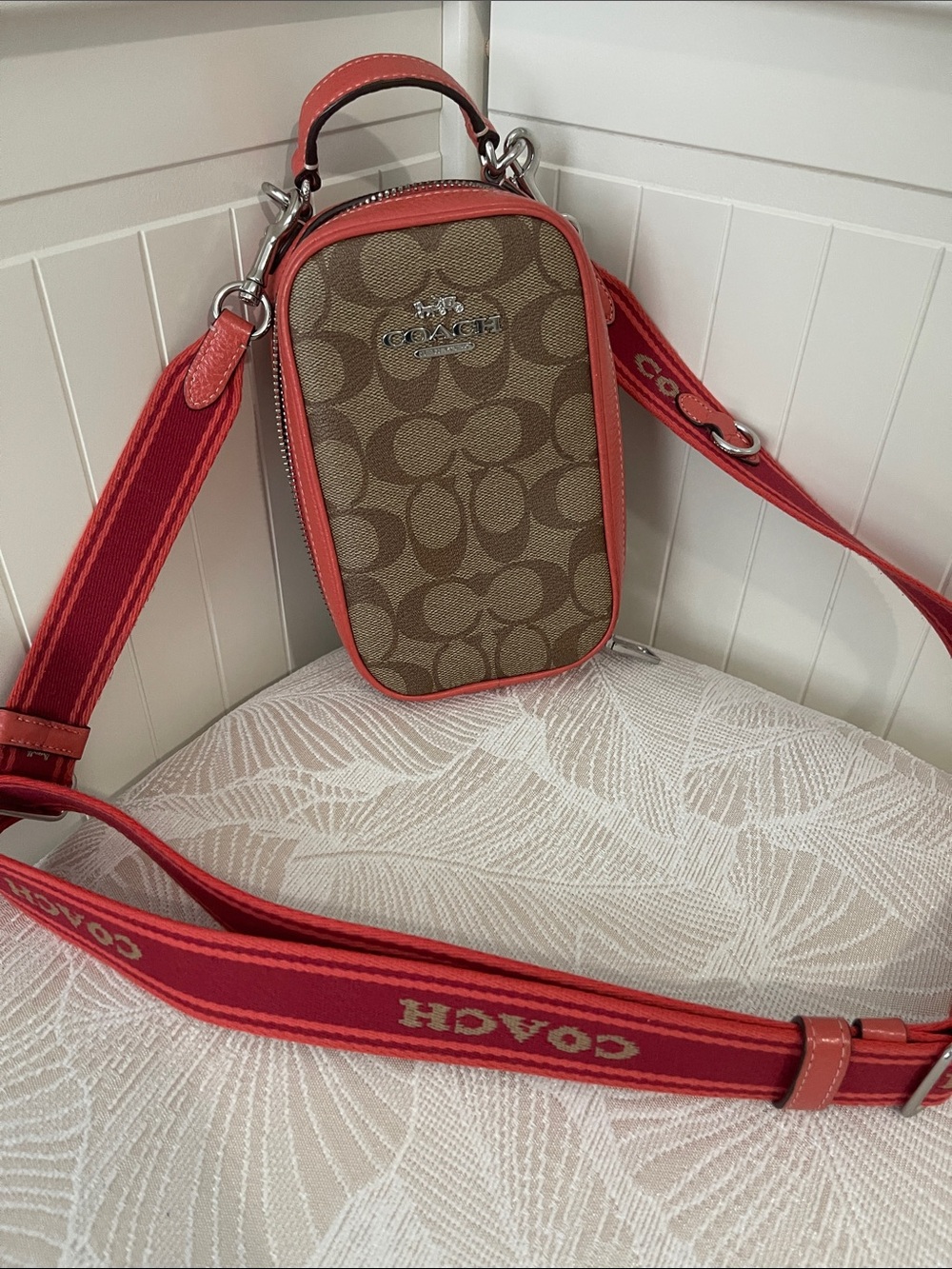 Coach Brown Signature Canvas Crossbody with Red Trim and Strap